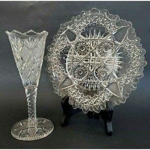 Antique EAPG 7.25" Bonbon Plate and Bud Vase, Crosshatch Diamond, Sawtooth Edge